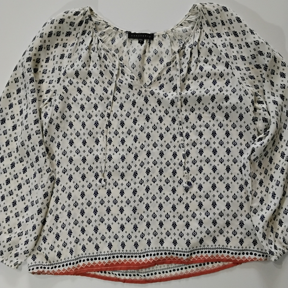 Sanctuary Peasant Boho Top Womens Small White Blue Geometric Orange Hem Relaxed - Picture 1 of 11